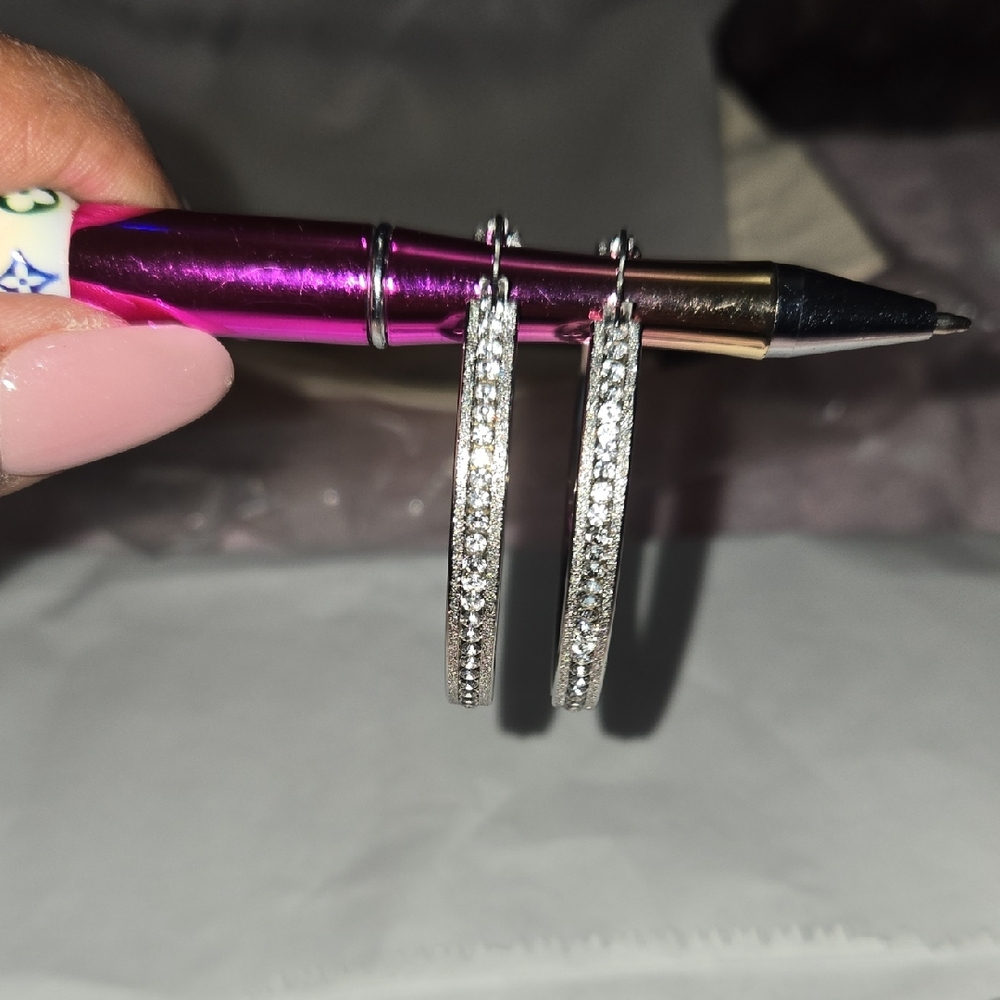 Stamped Stainless Steel  Hoop Earrings with Crystals